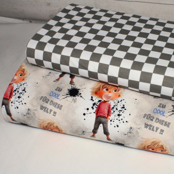 Eigenproduktion Baumwolljersey Karo Schachbrett grau weiss